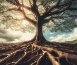 עץ עם שורשים גלויים כמשל לקשר בין התנהגויות גלויות לבין דפוסים פנימיים בתהליכי שינוי ואימון מנטלי