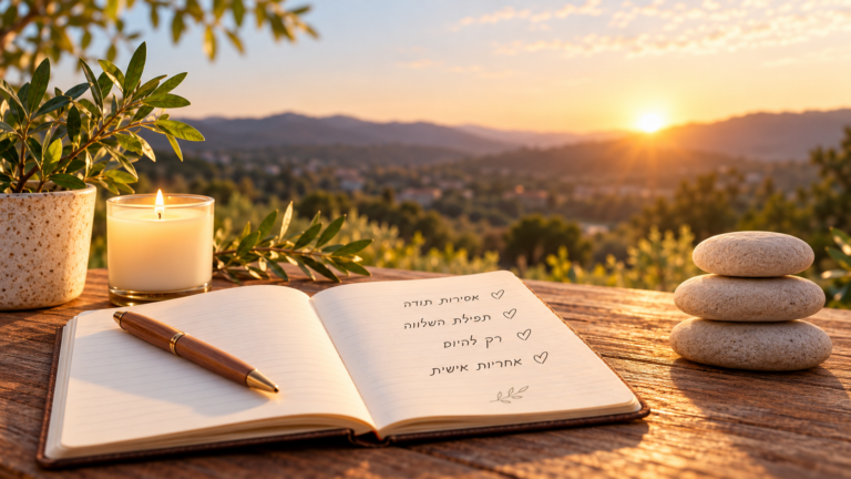מחברת אסירויות תודה וכלים מתכנית 12 הצעדים, לצד נר ואבנים, המסמלים החלמה, צמיחה אישית ואחריות אישית.